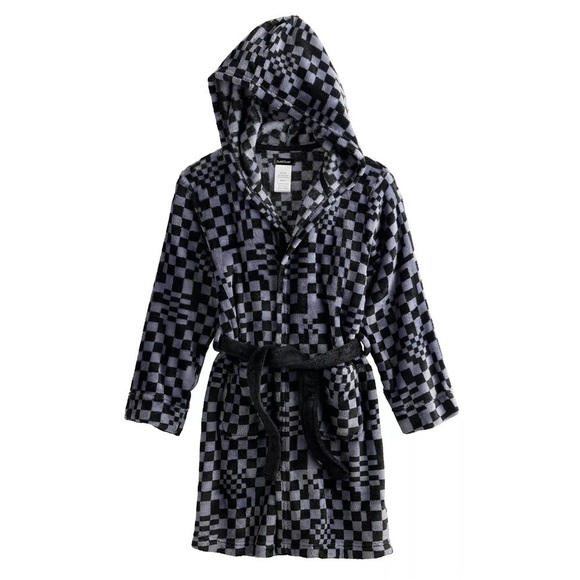 🆕 Cuddl Duds Boys Hooded Robe Black Gray Checkered S(4-6) Belted Cozy Winter - Picture 1 of 7